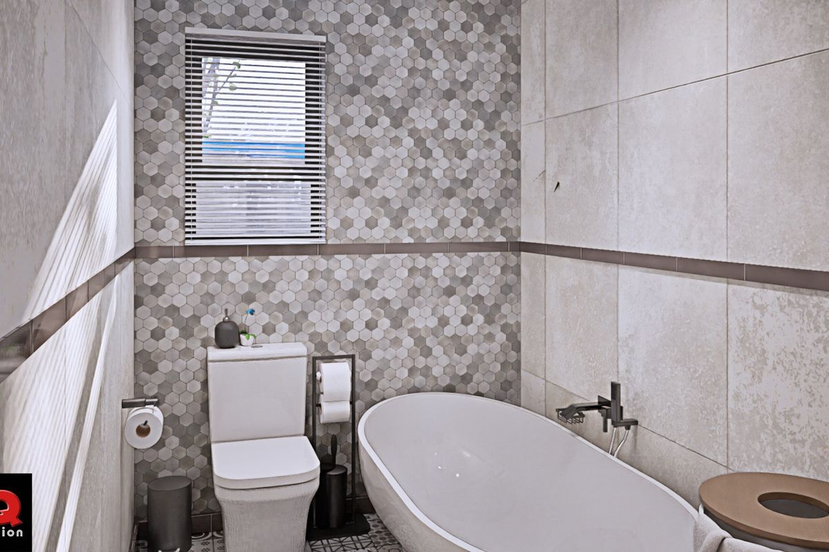 Modern bathroom featuring a freestanding bathtub, contemporary hexagonal wall tiling, and a sleek wall-mounted faucet.
