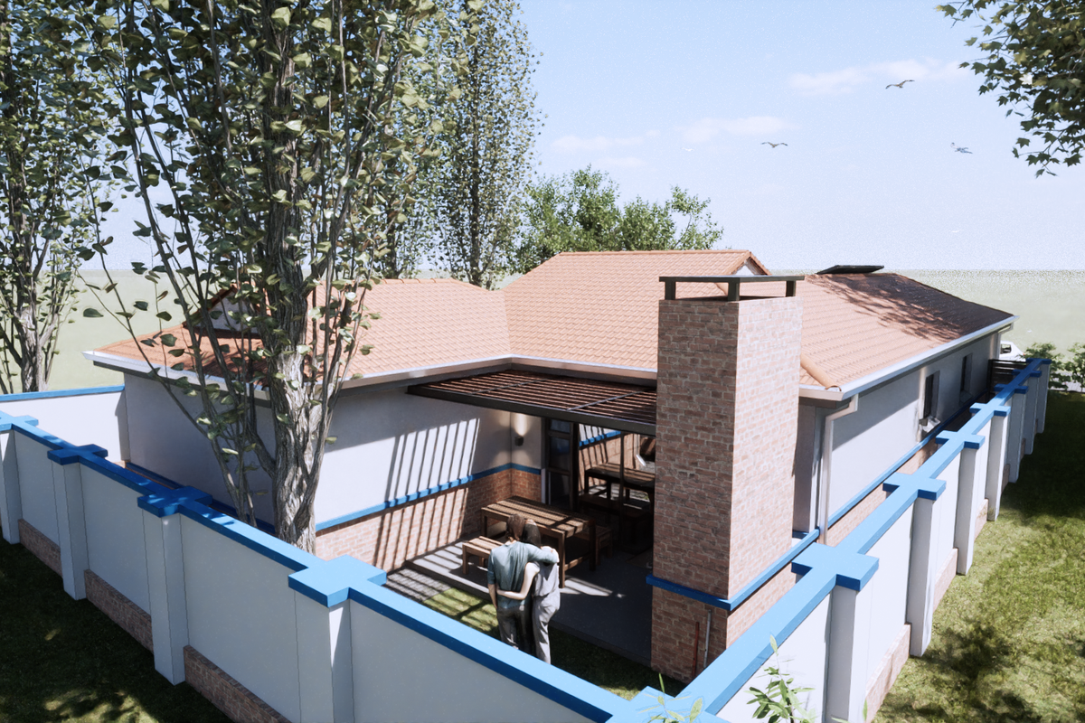 An elevated view of the rear exterior featuring a tiled roof, brick chimney, and a covered patio area enclosed by a perimeter wall.