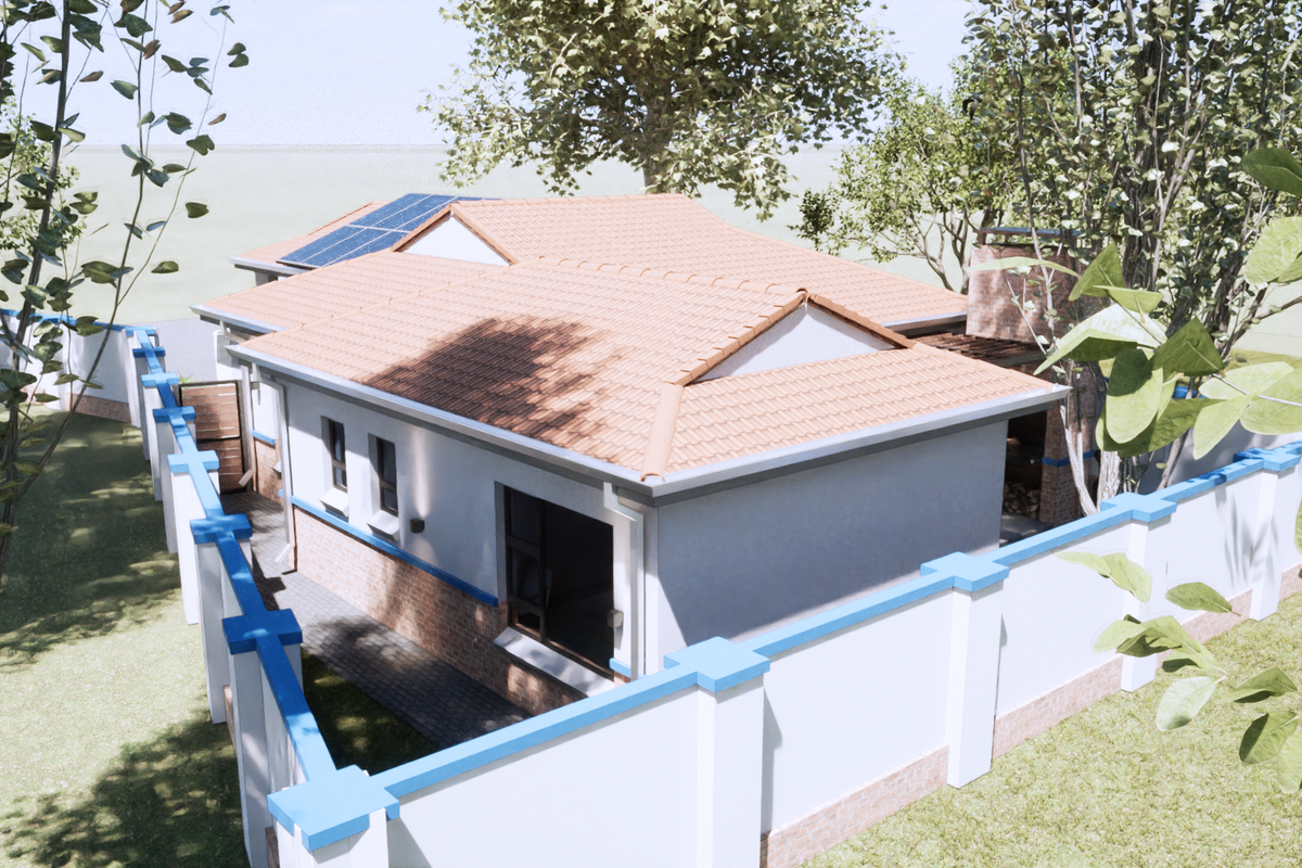 An elevated view of the property exterior, featuring a tiled roof, solar panels, and a perimeter wall with blue accents.