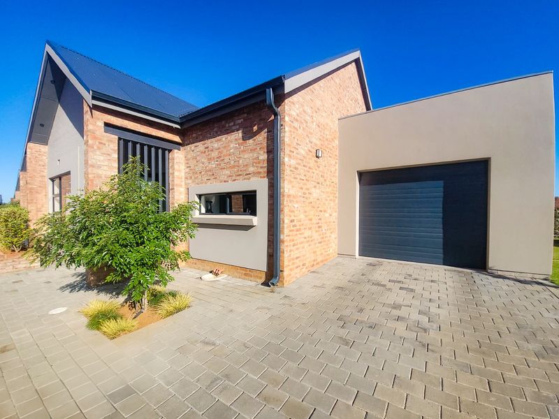 Front elevation of a modern townhouse featuring a brick facade, paved driveway, and an integrated garage.