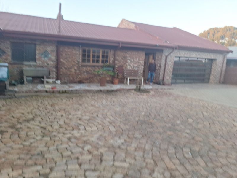 Front view of a single-story brick house featuring a metal roof, paved driveway, and an integrated garage.