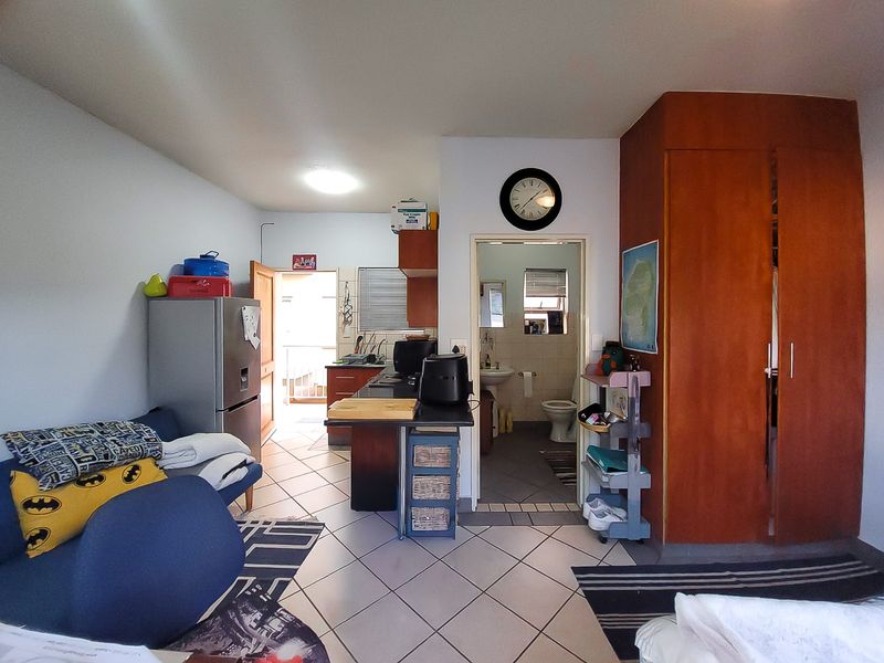 Open-plan living area featuring tiled floors, built-in storage cupboards, and an adjoining kitchen and bathroom space.