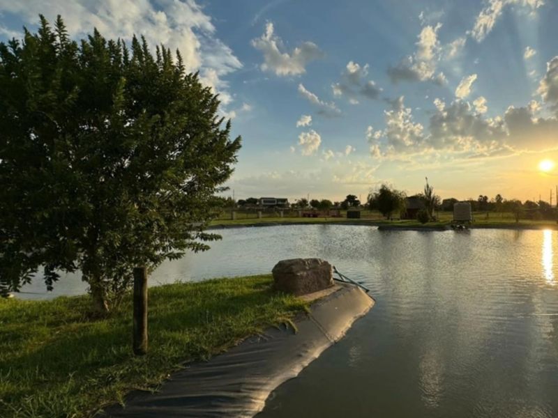 A scenic view of a tranquil man-made pond on the residential property, featuring landscaped grass and a sunset backdrop.