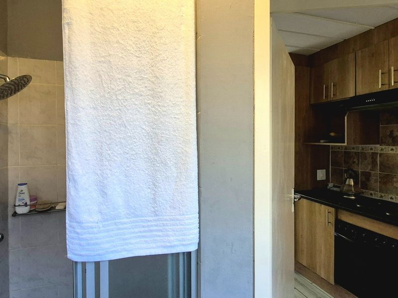 An open-plan layout featuring a tiled shower area adjacent to a compact kitchen with wood-finish cabinetry and built-in appliances.