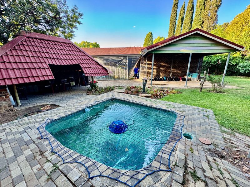 Outdoor pool area featuring a paved deck, a covered patio space, and a traditional thatched roof structure set within a garden.