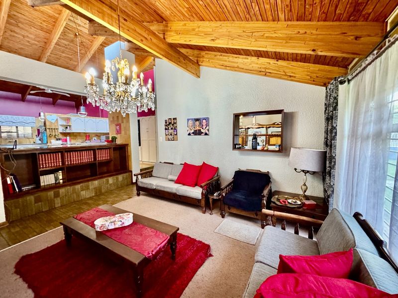 Open plan living area featuring a vaulted timber ceiling, exposed beams, and a built-in shelving unit separating the lounge from the kitchen space.