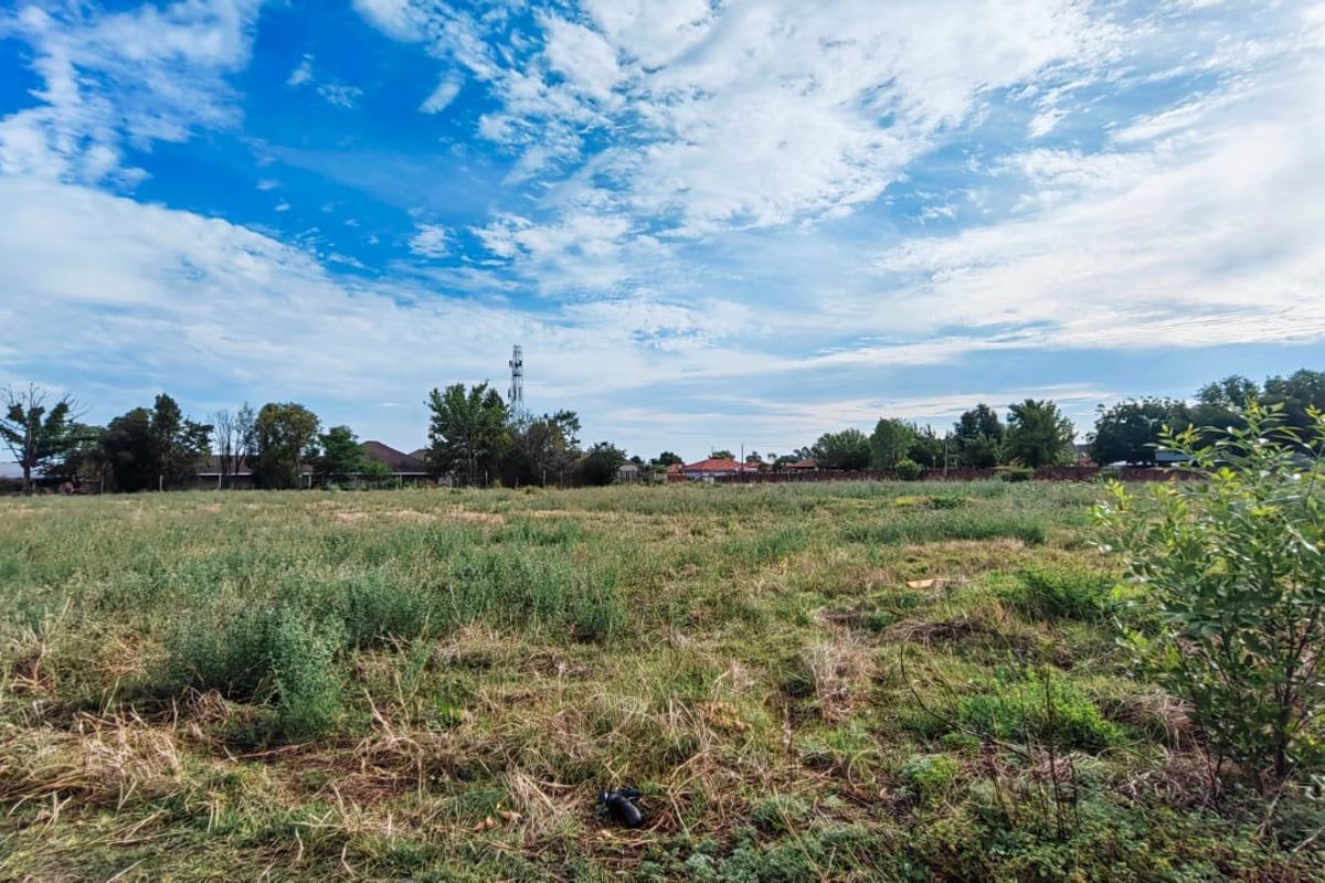A wide-angle view of a vacant residential plot featuring open grassland and surrounding neighborhood trees.
