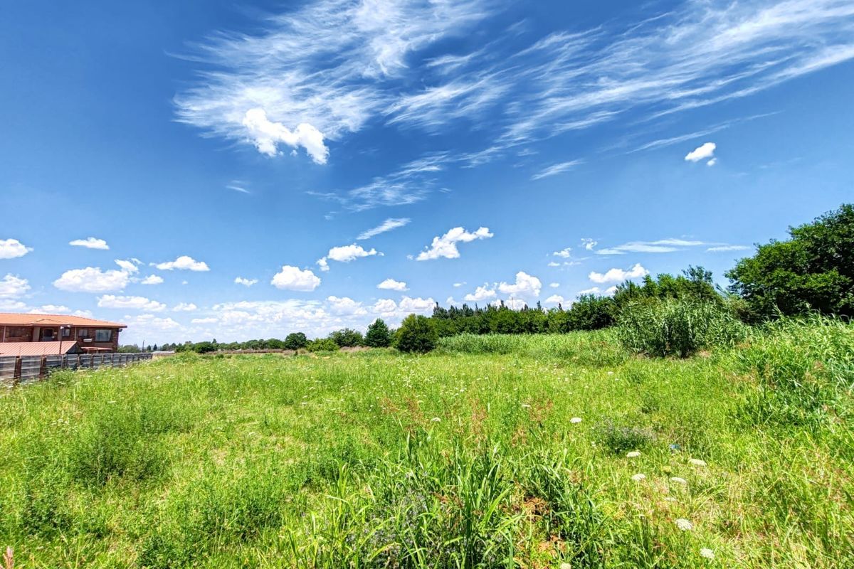 A wide-angle view of a vacant residential plot featuring open grassland and surrounding vegetation under a clear blue sky.