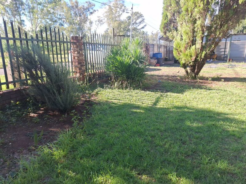 A private garden area featuring established trees, shrubs, and secure metal perimeter fencing with brick pillars.