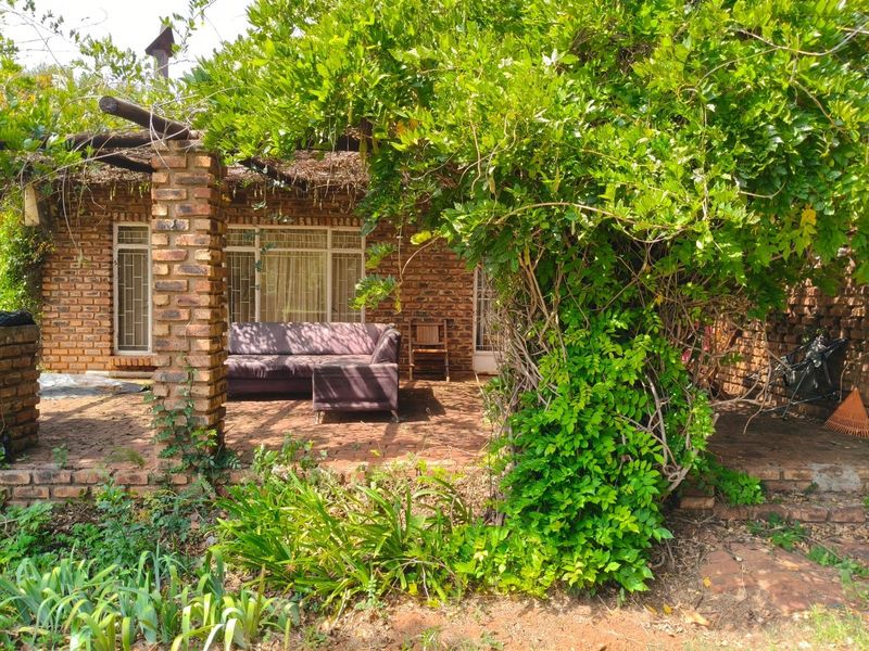 A rustic covered patio area featuring exposed brickwork, brick paving, and a timber pergola, surrounded by established garden greenery.
