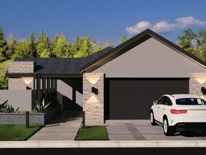 Modern single-story residential facade featuring stone cladding, a dark corrugated roof, and an integrated garage with a paved driveway and walkway.