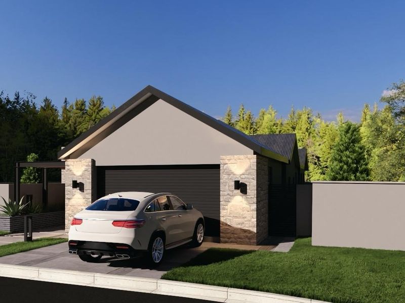 A modern residential front elevation featuring stone cladding accents, a double garage, and a clean, contemporary boundary wall design.