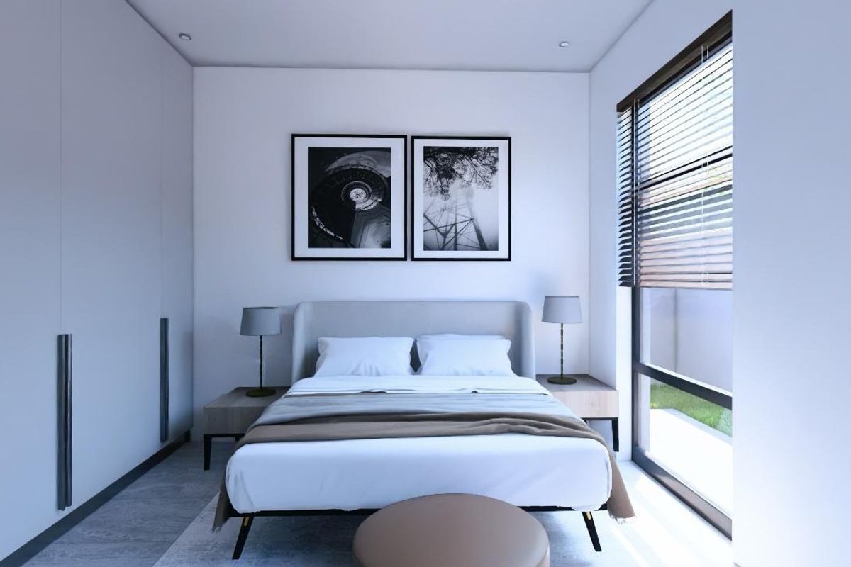 Modern bedroom featuring built-in cupboards, recessed downlighting, and a large window with venetian blinds, offering a clean and contemporary aesthetic.