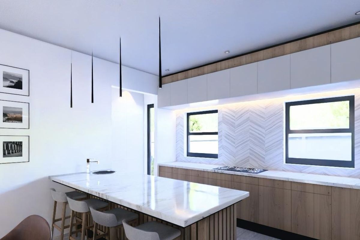 A modern, high-end kitchen featuring a marble island, herringbone backsplash, integrated cooktop, and sleek cabinetry with ambient under-cabinet lighting.