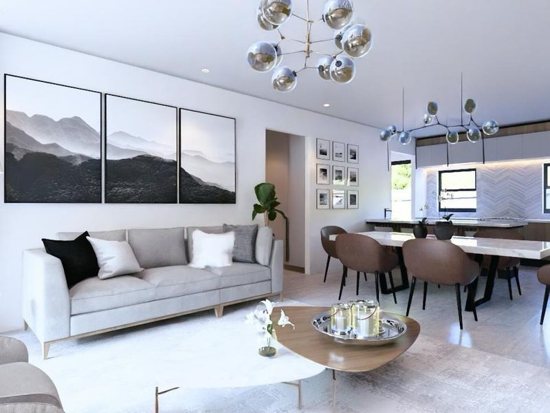 A modern open-plan living, dining, and kitchen area featuring contemporary lighting, sleek cabinetry, and a stylish herringbone tile backsplash.