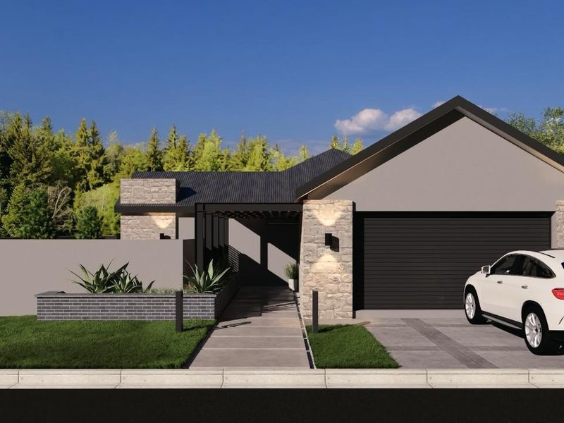 A modern front elevation featuring stone cladding, a dark metal roof, a double garage, and a paved entrance walkway.