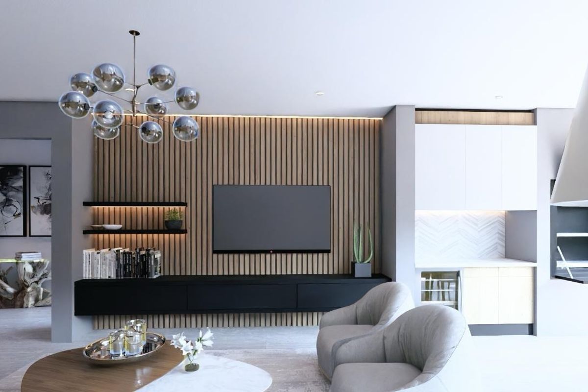 Modern living room featuring a striking slatted timber feature wall, built-in media console, integrated shelving, and a sleek fireplace with adjacent bar area.