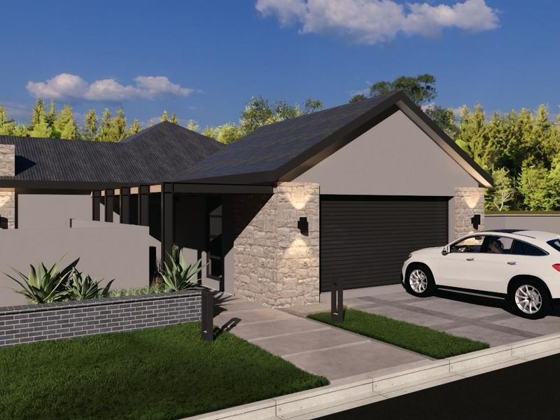 A modern architectural rendering of a single-story house featuring stone cladding, a dark pitched roof, and a paved driveway with a garage.