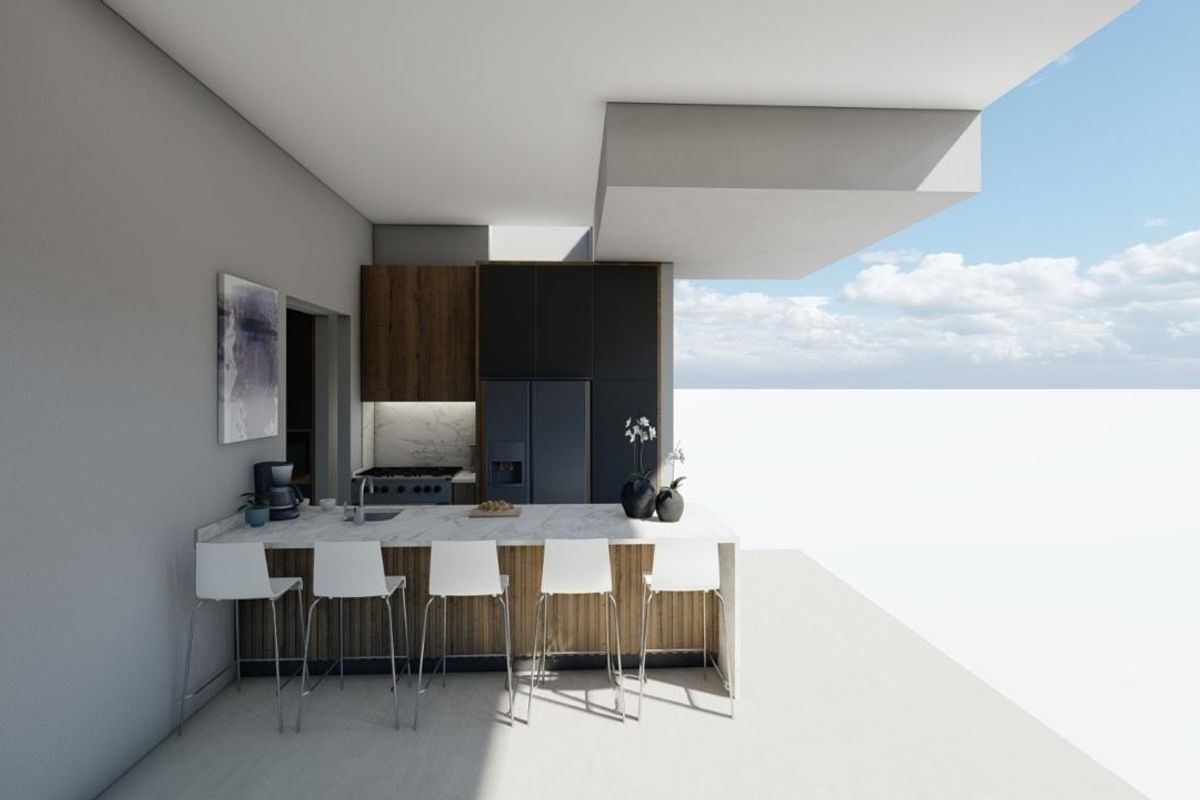 Modern kitchen featuring sleek dark cabinetry, stone countertops, and integrated appliances, designed with a contemporary open-plan layout.