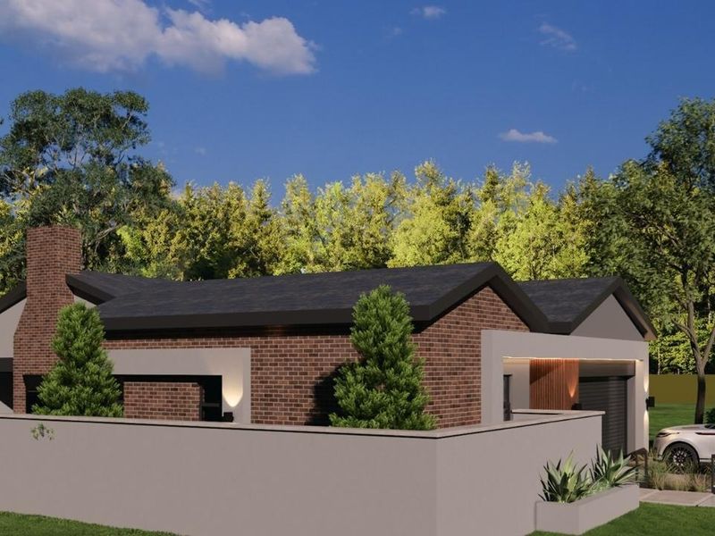 A modern architectural rendering of a single-story brick home featuring a prominent chimney, clean lines, and a secure boundary wall.
