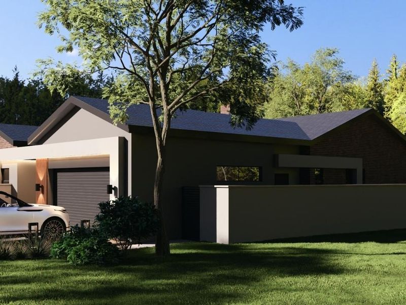 A modern residential property featuring a clean facade, integrated garage, and perimeter boundary wall, set within a landscaped environment.