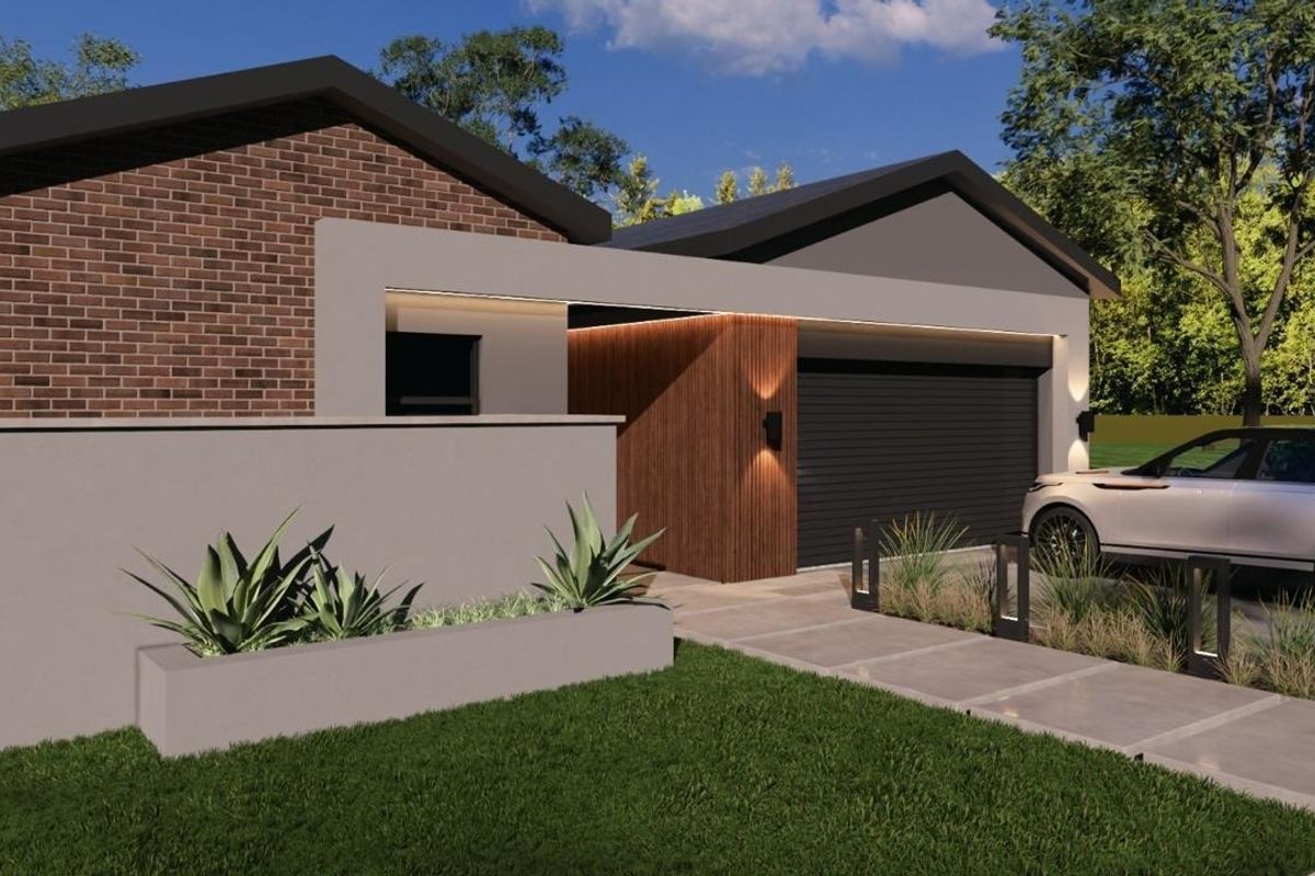 Modern front elevation featuring a brick and rendered facade, timber accents, integrated garage, and landscaped front garden with concrete pathway.