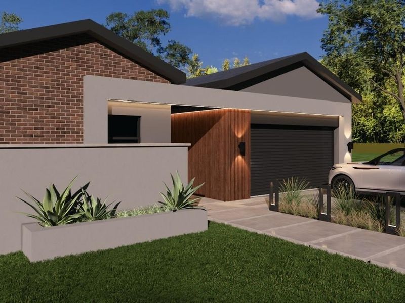 Modern front elevation featuring a brick and rendered facade, timber accents, integrated garage, and landscaped front garden with concrete pathway.