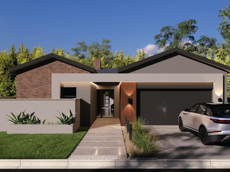 Modern single-story residential facade featuring a combination of brick and rendered finishes, integrated garage, and a landscaped front entrance.