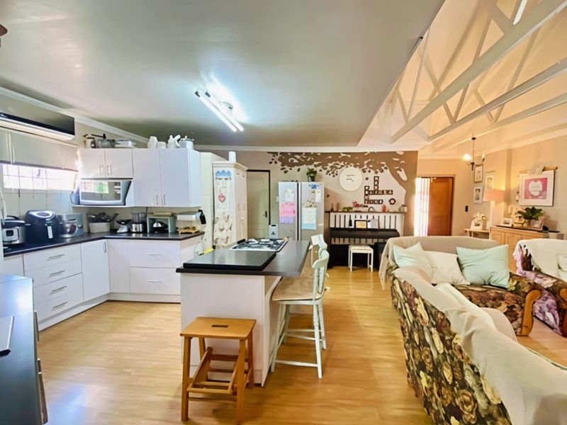 Spacious open-plan living area featuring a modern kitchen with island, gas cooktop, laminate flooring, and exposed roof trusses for a bright, airy feel.
