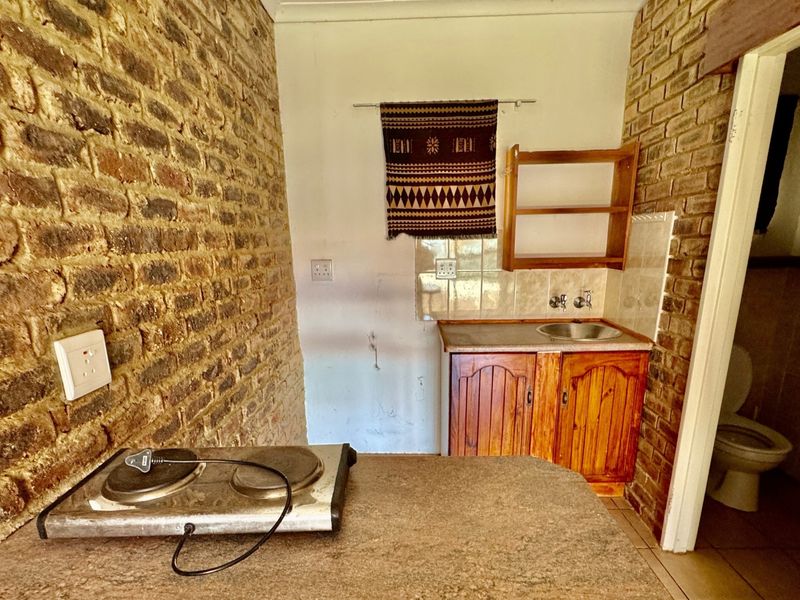 A compact kitchen area featuring exposed brick walls, wooden cabinetry, a built-in sink, and tiled splashback, offering a rustic aesthetic.