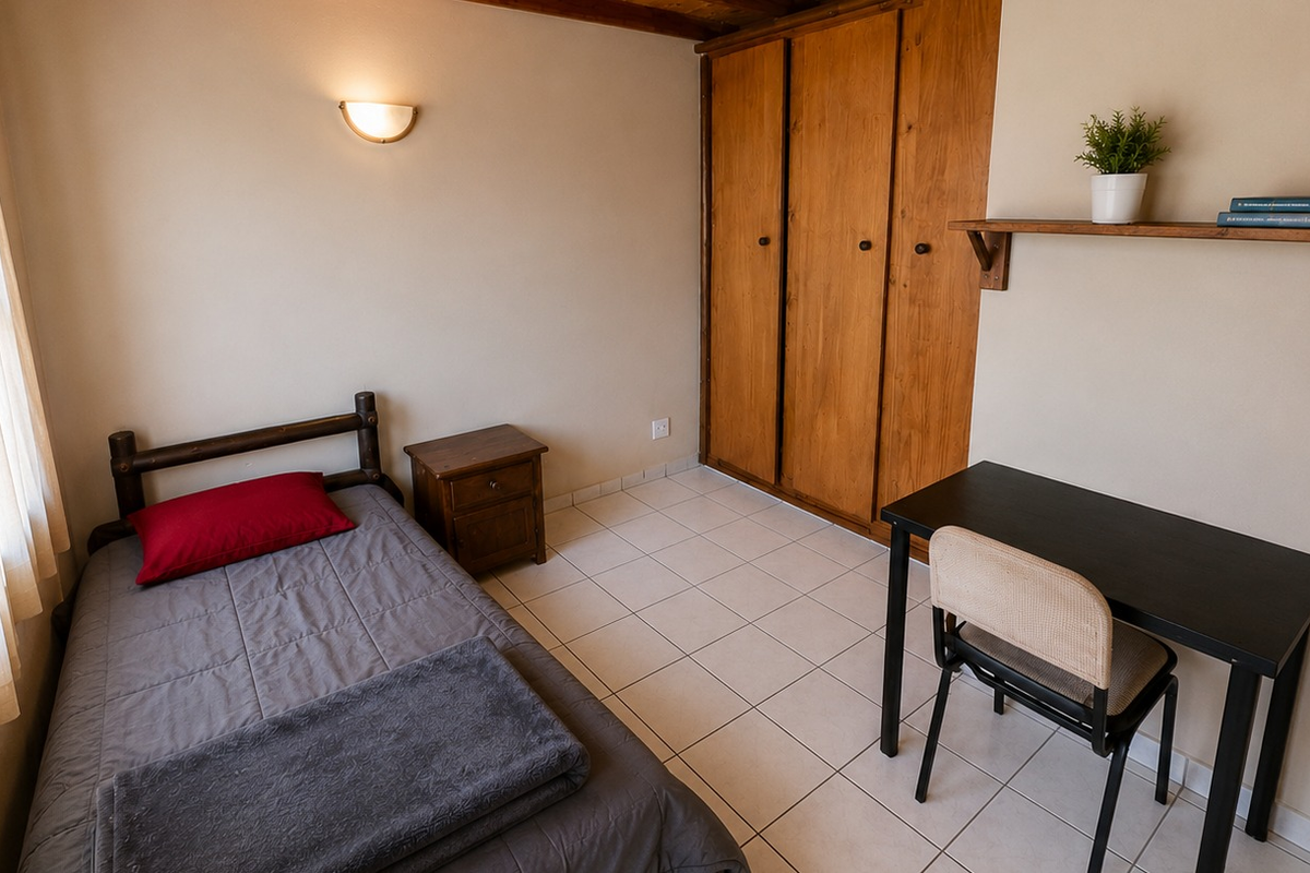 A functional bedroom featuring tiled flooring, a built-in wooden wardrobe, and a wall-mounted light fixture, offering a practical and well-maintained living space.