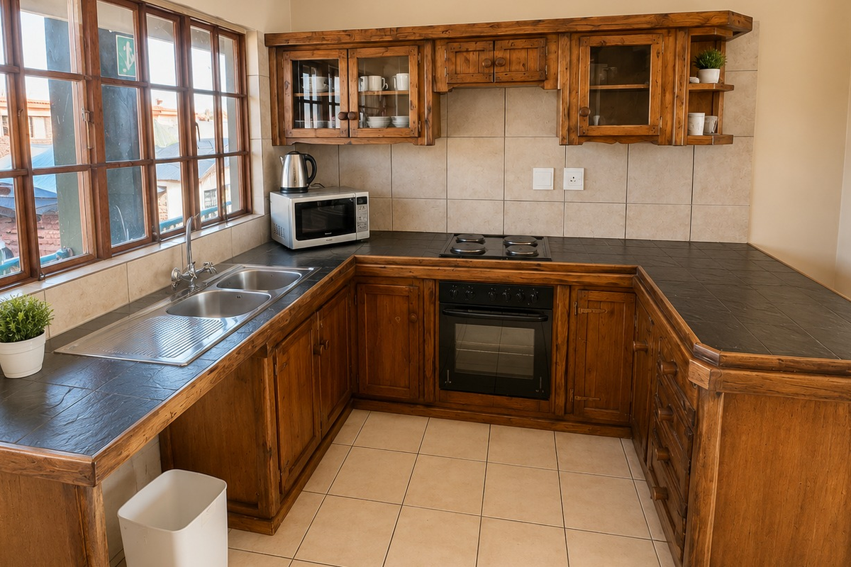 A functional kitchen featuring rustic wooden cabinetry, dark tiled countertops, built-in oven and hob, and large timber-framed windows providing natural light.