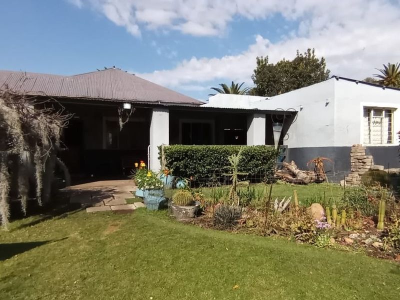 Rear view of the house featuring a covered patio area, established garden, and corrugated metal roofing.