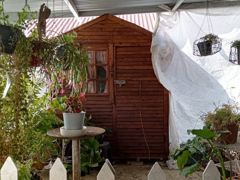 A timber storage shed situated in a covered outdoor area, featuring a corrugated roof and picket fence enclosure.