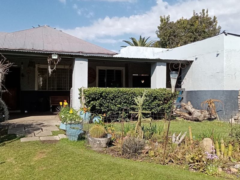 Rear view of the property featuring a covered patio area, established garden, and corrugated metal roofing with visible exterior wall wear.