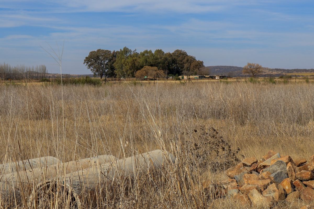 A wide-angle view of the open veld landscape on the small holding, featuring natural vegetation and perimeter fencing.