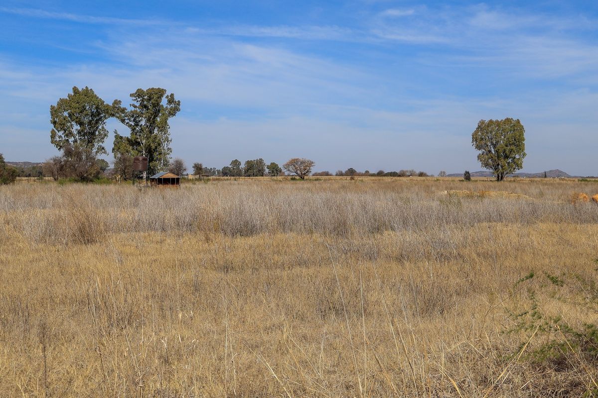 Expansive open field on a small holding, featuring dry grassland, mature trees, a small storage shed, and a water tank.