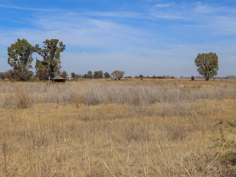 Expansive open field on a small holding, featuring dry grassland, mature trees, a small storage shed, and a water tank.
