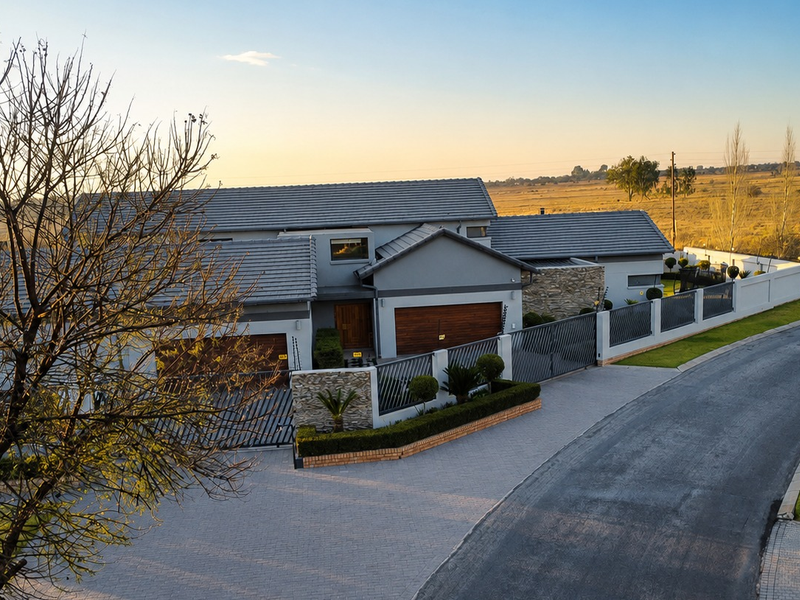 Elevated view of the modern front facade featuring a paved driveway, stone accents, and secure perimeter fencing in a quiet residential setting.