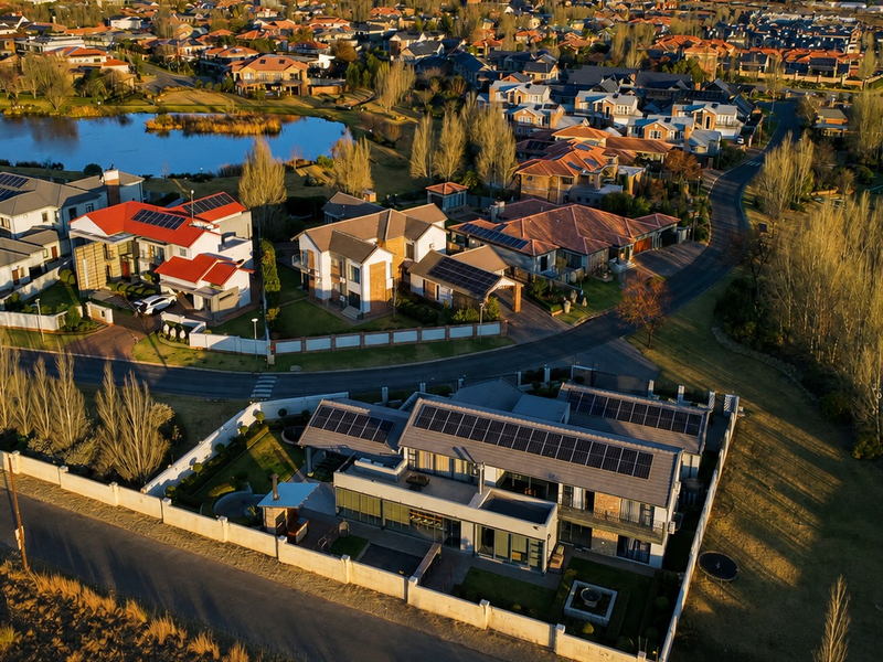 Aerial view of a residential property featuring solar panels on the roof, a private garden, and a perimeter wall within a suburban estate.