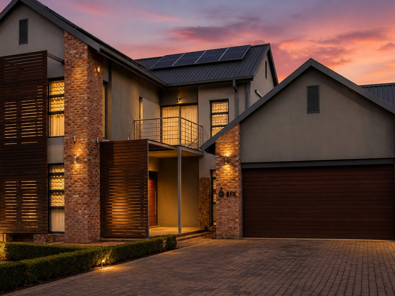 Stunning modern double-story residence featuring a brick and timber facade, solar panels, and a spacious paved driveway with integrated exterior lighting.