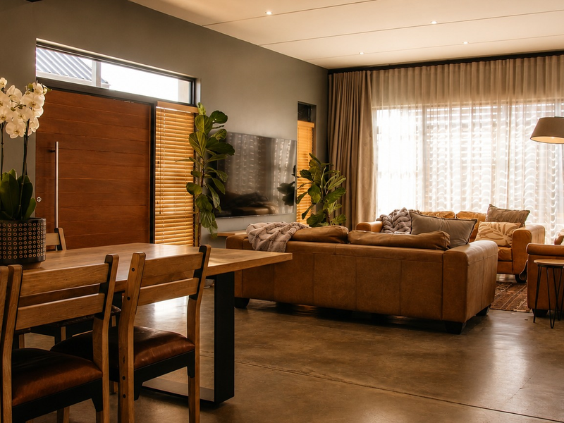 Spacious open-plan living and dining area featuring polished concrete floors, a modern wood-burning fireplace, and large windows with integrated curtain tracks.