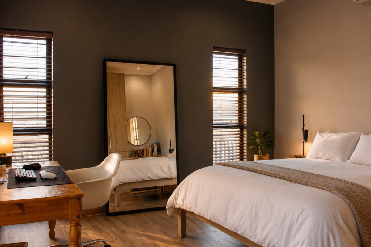 A well-lit bedroom featuring laminate flooring, dark accent walls, and large windows with venetian blinds, creating a modern and comfortable living space.