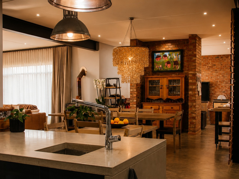 Spacious open-plan living area featuring a modern concrete kitchen island, exposed brick accents, industrial lighting, and a striking timber staircase.