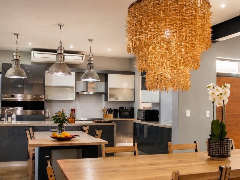 Modern open-plan kitchen and dining area featuring sleek cabinetry, integrated appliances, polished concrete floors, and stylish pendant lighting.