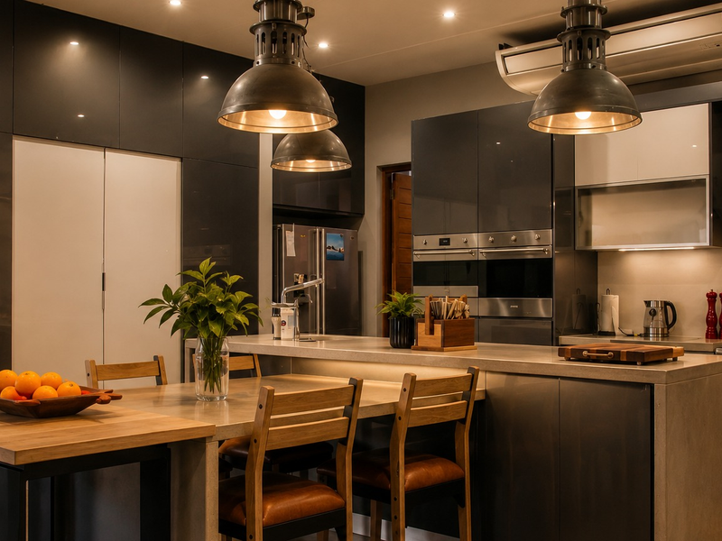 Modern kitchen featuring high-gloss cabinetry, a central island with integrated dining space, premium built-in appliances, and stylish industrial pendant lighting.