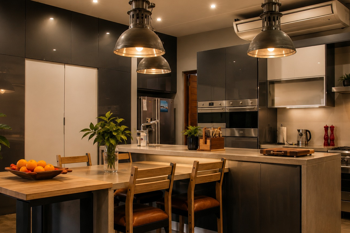 Modern kitchen featuring high-gloss cabinetry, a central island with integrated dining space, premium built-in appliances, and stylish industrial pendant lighting.