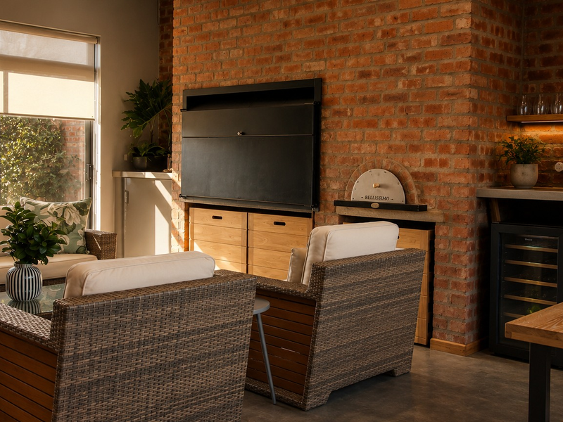 A well-appointed covered patio featuring an exposed brick wall, built-in braai, integrated wine cooler, and custom cabinetry, perfect for outdoor entertaining.