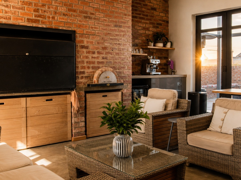A well-appointed covered patio featuring an exposed brick wall, built-in braai, pizza oven, and seamless access to the outdoor area through black aluminium doors.
