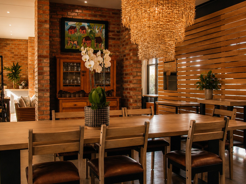 A stylish dining area featuring exposed brick walls, warm timber slat paneling, and polished concrete floors, creating a sophisticated and inviting atmosphere.